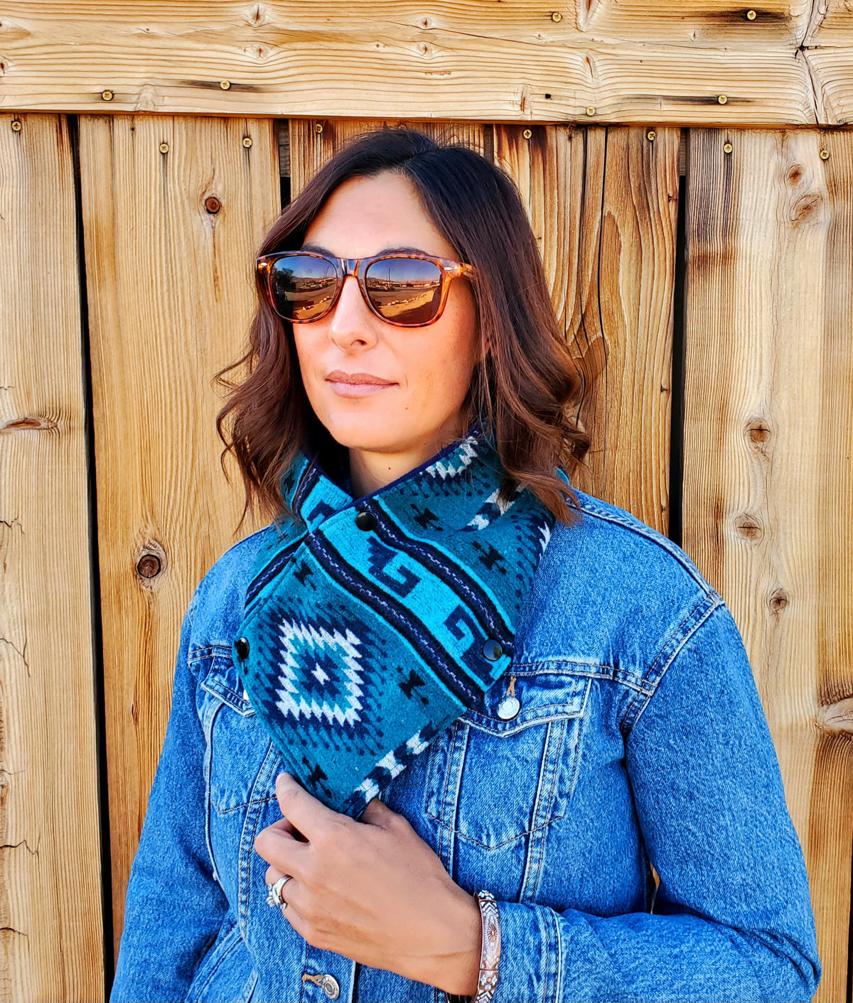 Women's Western Cowl - Black/Turquoise Aztec