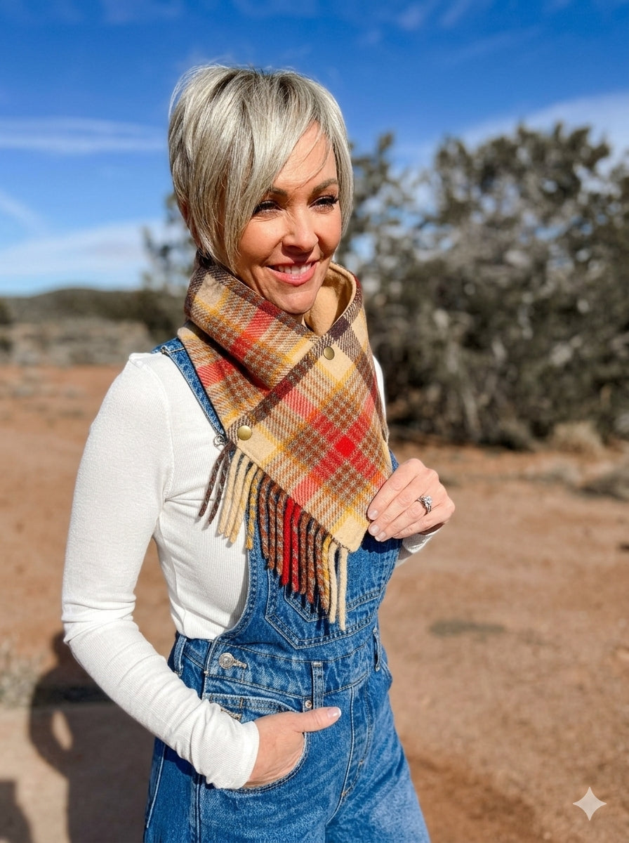 Plaid Wool Cowl Scarf - Lassen Fringe