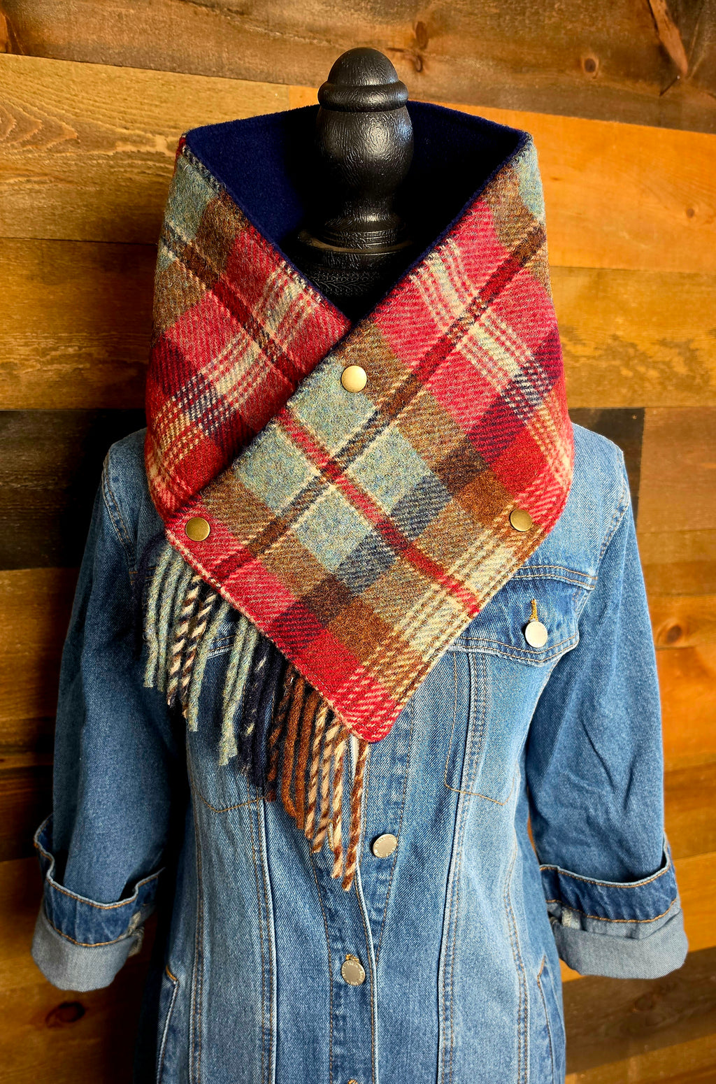 Plaid Wool Cowl Scarf - Ruby Beach Fringe