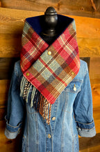 Plaid Wool Cowl Scarf - Ruby Beach Fringe
