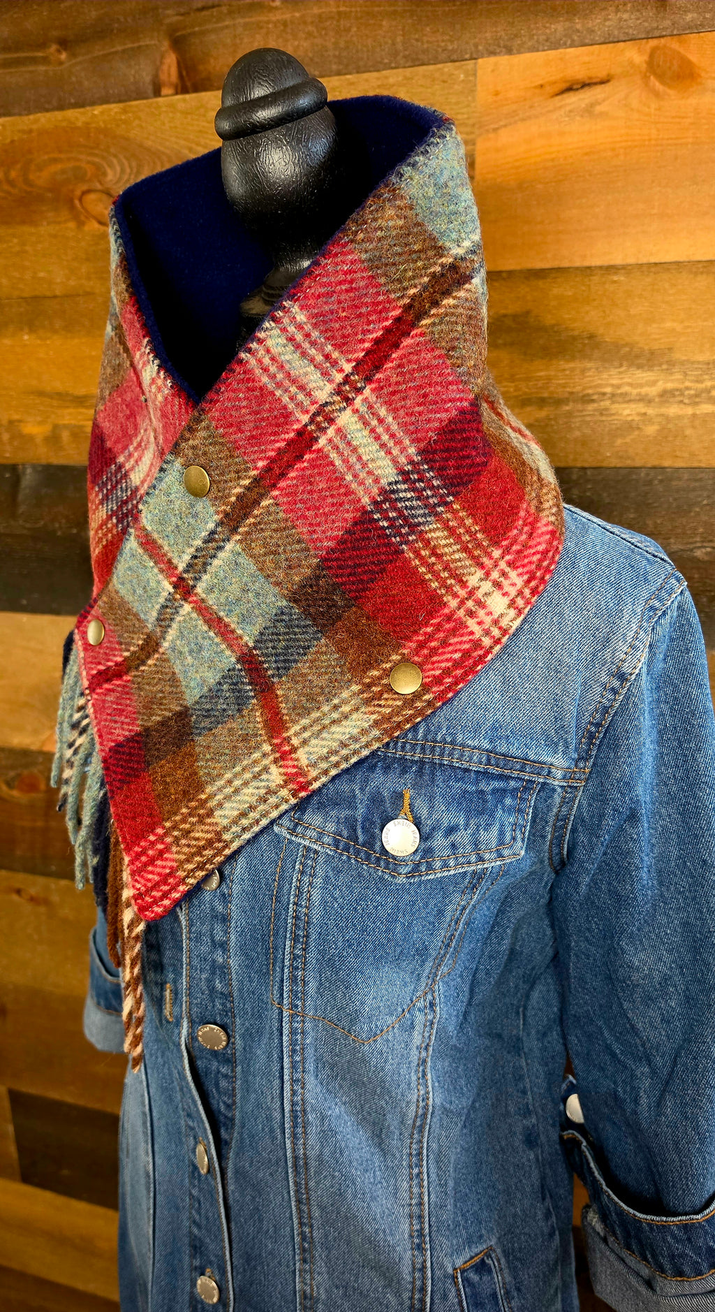 Plaid Wool Cowl Scarf - Ruby Beach Fringe