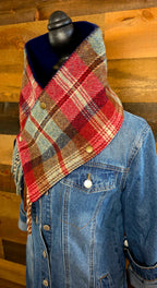 Plaid Wool Cowl Scarf - Ruby Beach Fringe