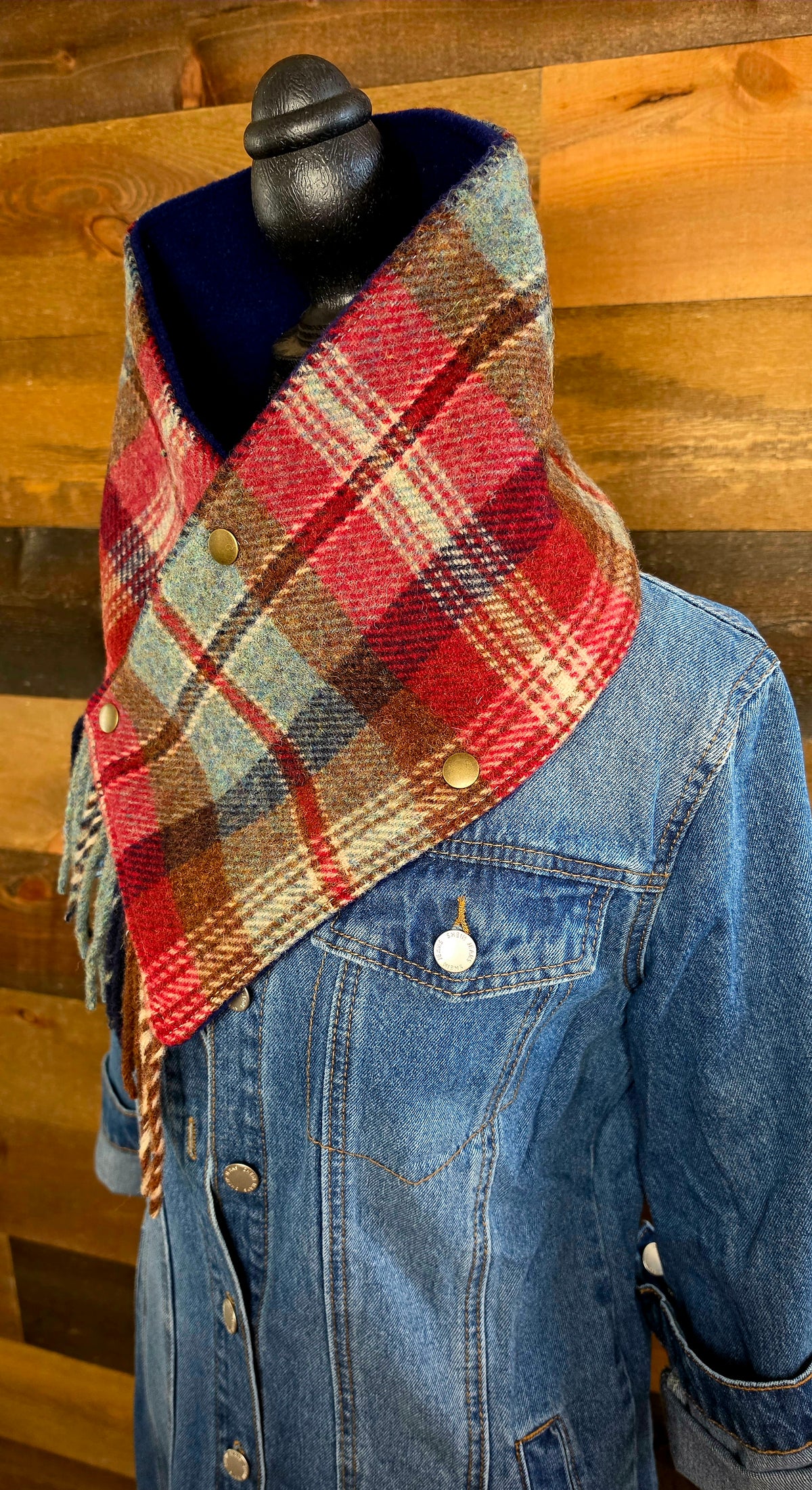 Plaid Wool Cowl Scarf - Ruby Beach Fringe