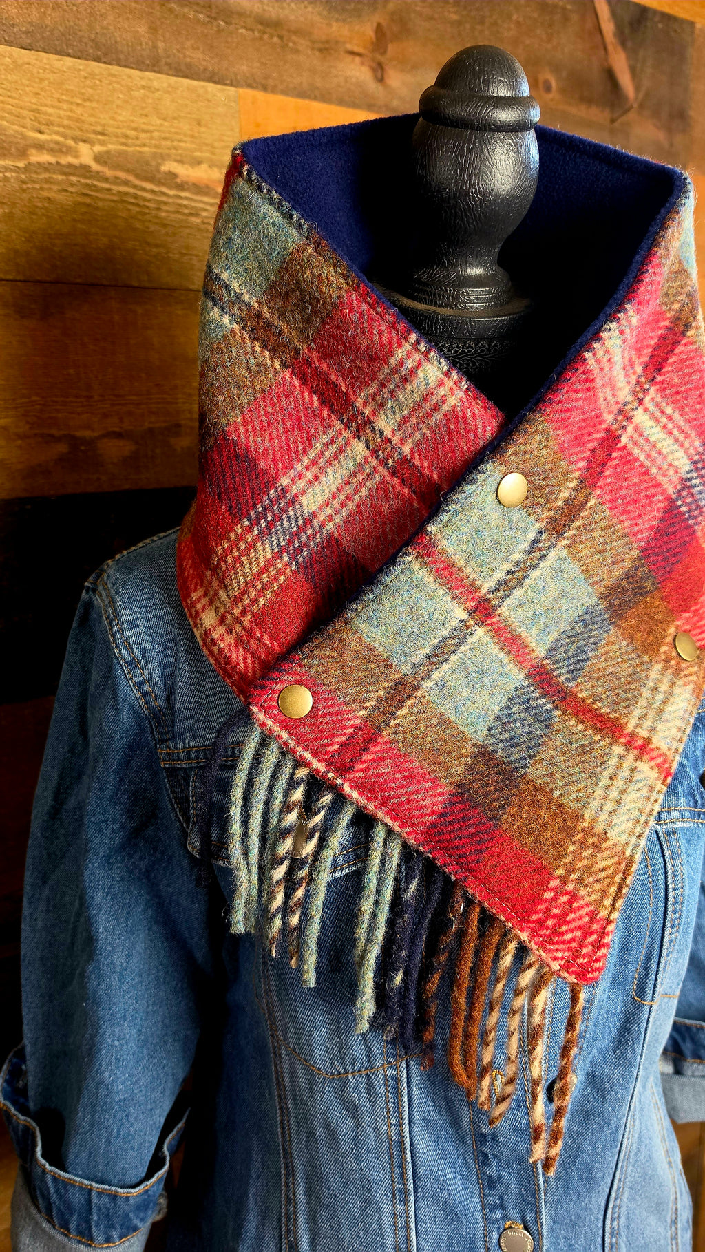 Plaid Wool Cowl Scarf - Ruby Beach Fringe