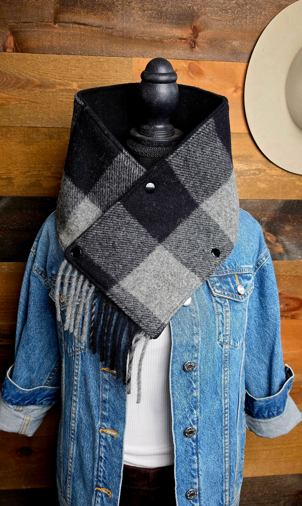 Plaid Wool Cowl Scarf - Black Buffalo Check Fringe