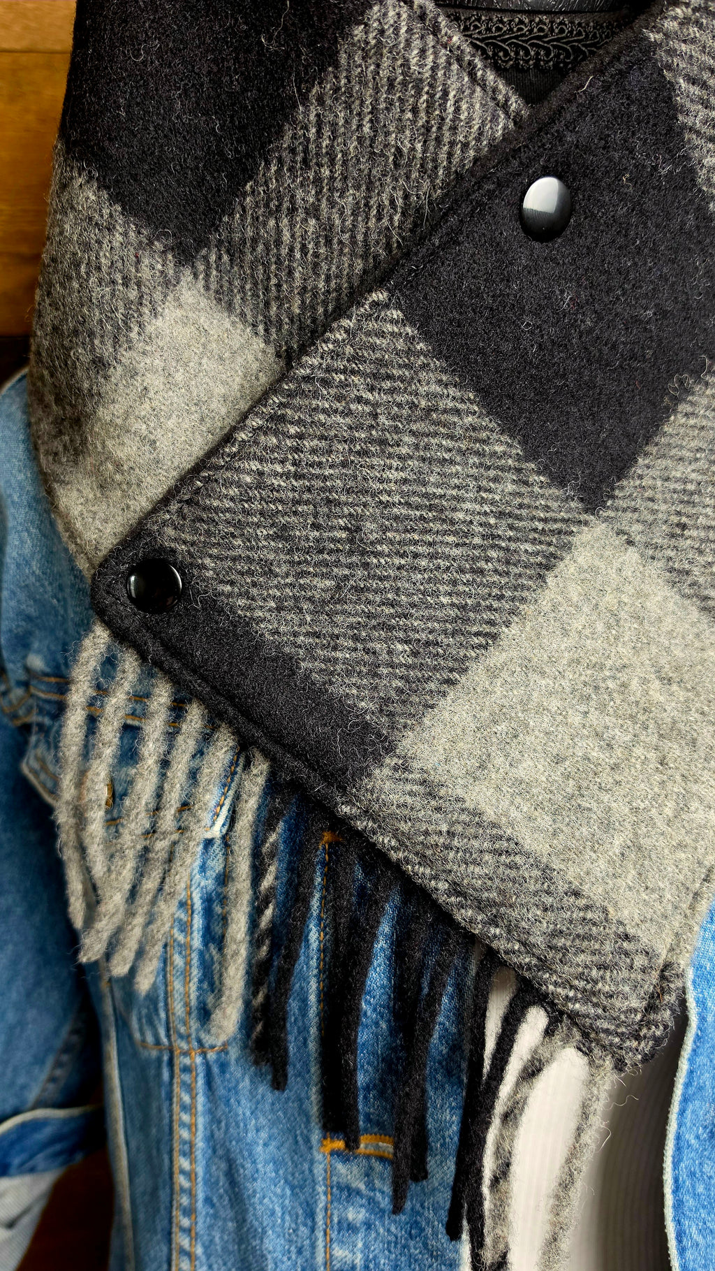 Plaid Wool Cowl Scarf - Black Buffalo Check Fringe