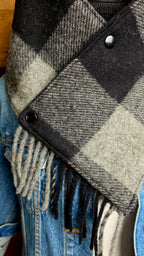 Plaid Wool Cowl Scarf - Black Buffalo Check Fringe