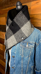 Plaid Wool Cowl Scarf - Black Buffalo Check Fringe