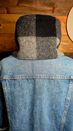 Plaid Wool Cowl Scarf - Black Buffalo Check Fringe