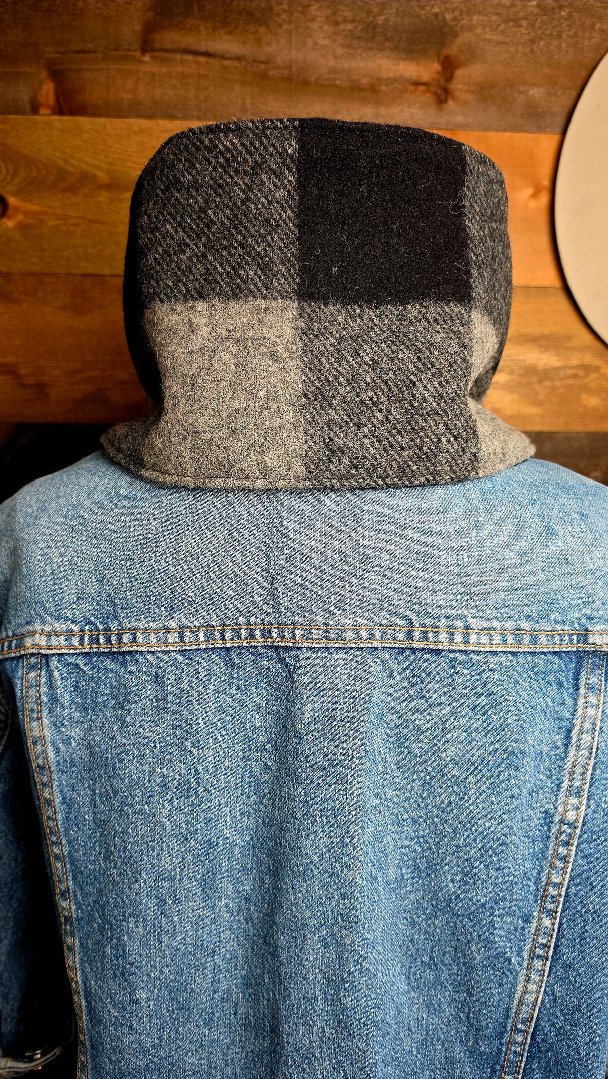 Plaid Wool Cowl Scarf - Black Buffalo Check Fringe