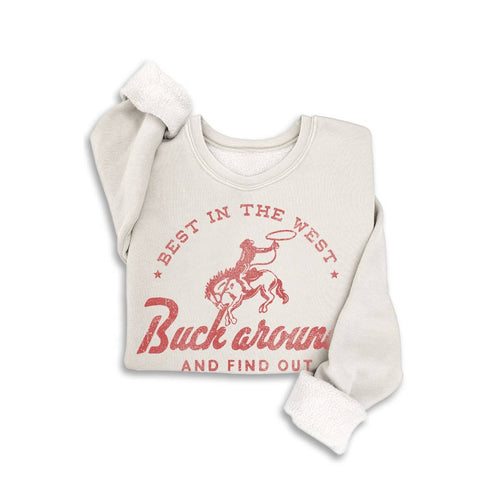 Folded white Best in the West sweatshirt with red lettering and a bucking horse and rider graphic.
