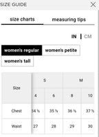 Women's regular size chart in inches: S/4 chest 34.5, waist 27; S/6 chest 35.5, waist 28; M/8 chest 36.5, waist 29; M/10 chest 37.5, waist 30.