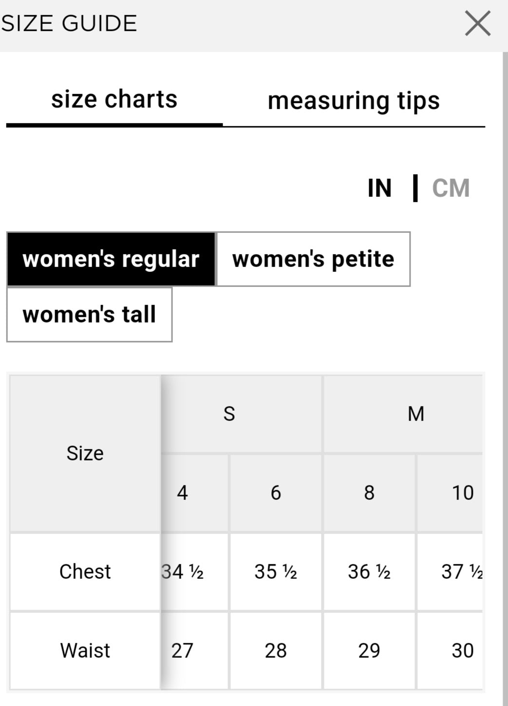 Women's regular size chart in inches: S/4 chest 34.5, waist 27; S/6 chest 35.5, waist 28; M/8 chest 36.5, waist 29; M/10 chest 37.5, waist 30.