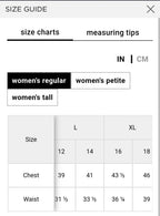 Women's regular size chart in inches: L/12 chest 39, waist 31.5; L/14 chest 41, waist 33.5; XL/16 chest 43.5, waist 36.25; XL/18 chest 46, waist 39.