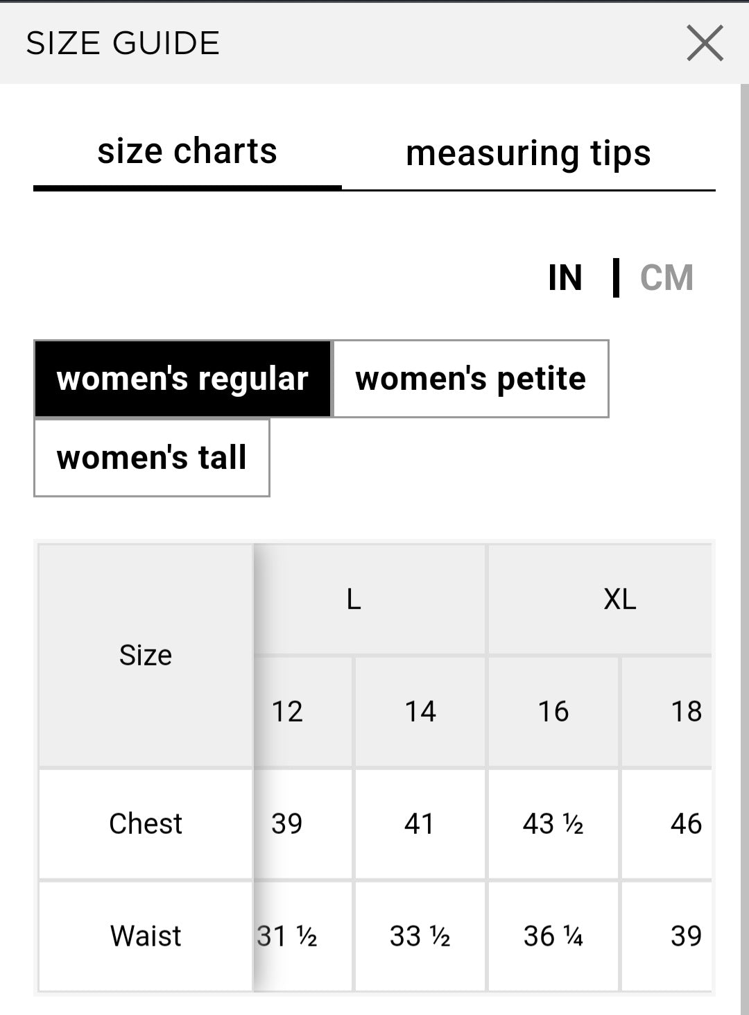 Women's regular size chart in inches: L/12 chest 39, waist 31.5; L/14 chest 41, waist 33.5; XL/16 chest 43.5, waist 36.25; XL/18 chest 46, waist 39.