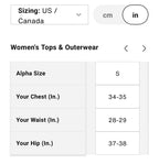 Women’s tops and outerwear size S chart: chest 34–35 inches, waist 28–29 inches, hip 37–38 inches.