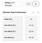 Women’s tops and outerwear size XL chart: chest 41–43 inches, waist 35–37 inches, hip 44–46 inches.