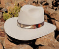 Pacific Crest wool hat band in brown, cream and rust wrapped around a light-colored felt hat on rocks.