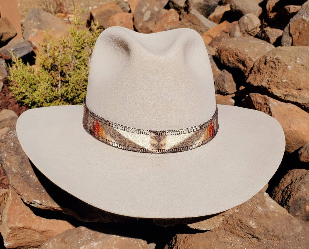 Pacific Crest wool hat band with a centered cream geometric motif fitted around a light felt hat.
