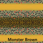Close-up swatch of the Monster Brown trout pattern, with black and red speckles across yellow, green and brown bands.