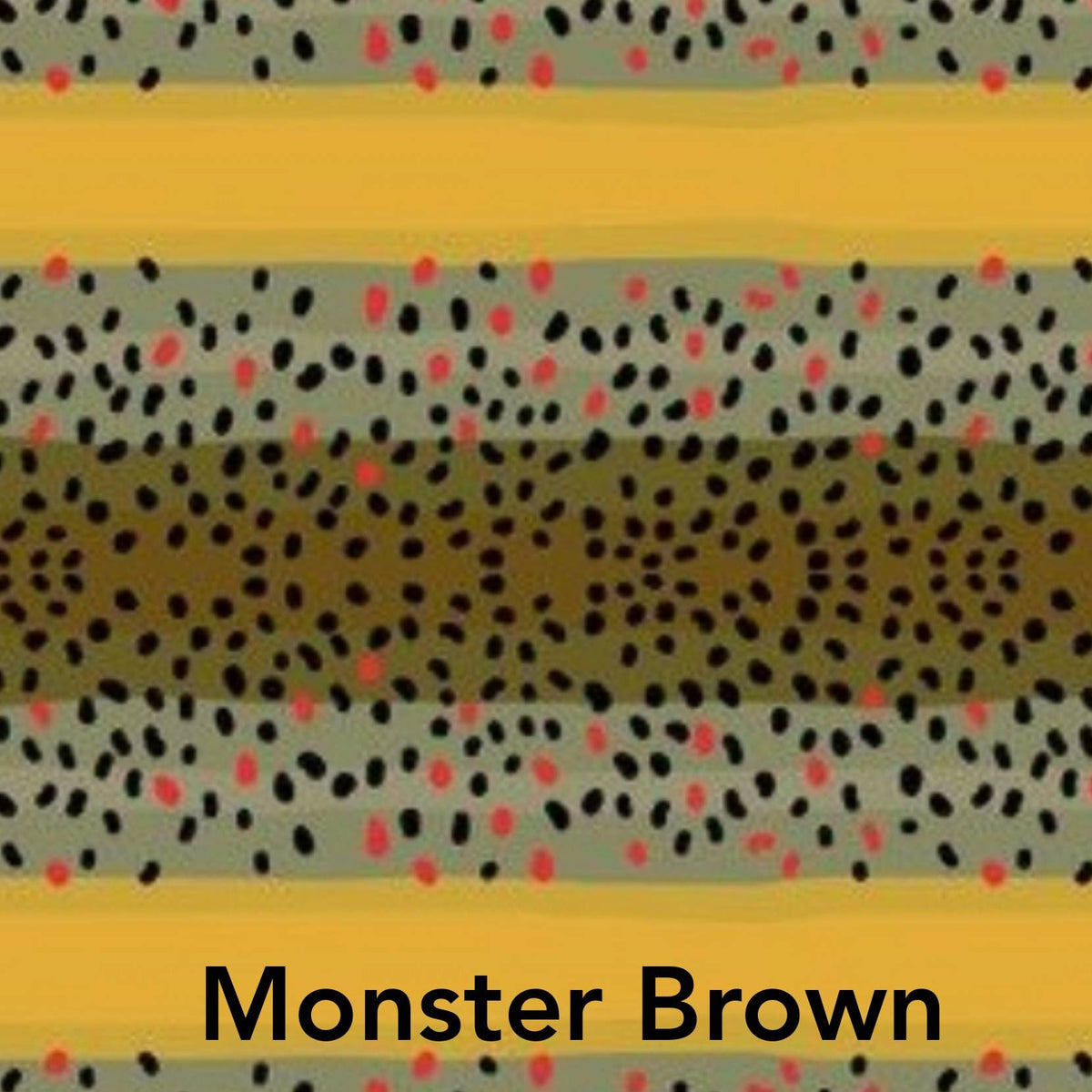 Close-up swatch of the Monster Brown trout pattern, with black and red speckles across yellow, green and brown bands.
