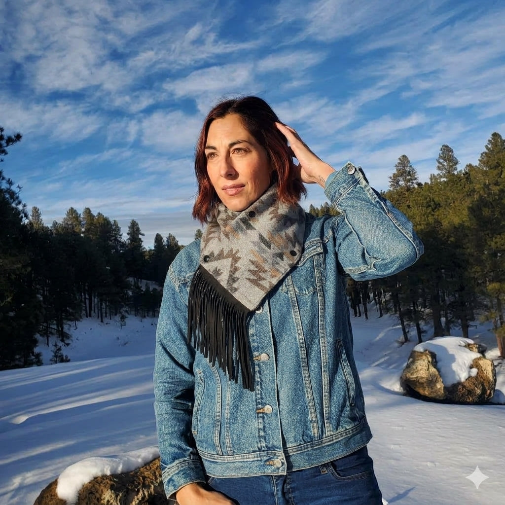 Women's Western Cowl - Grey Aztec Fringe