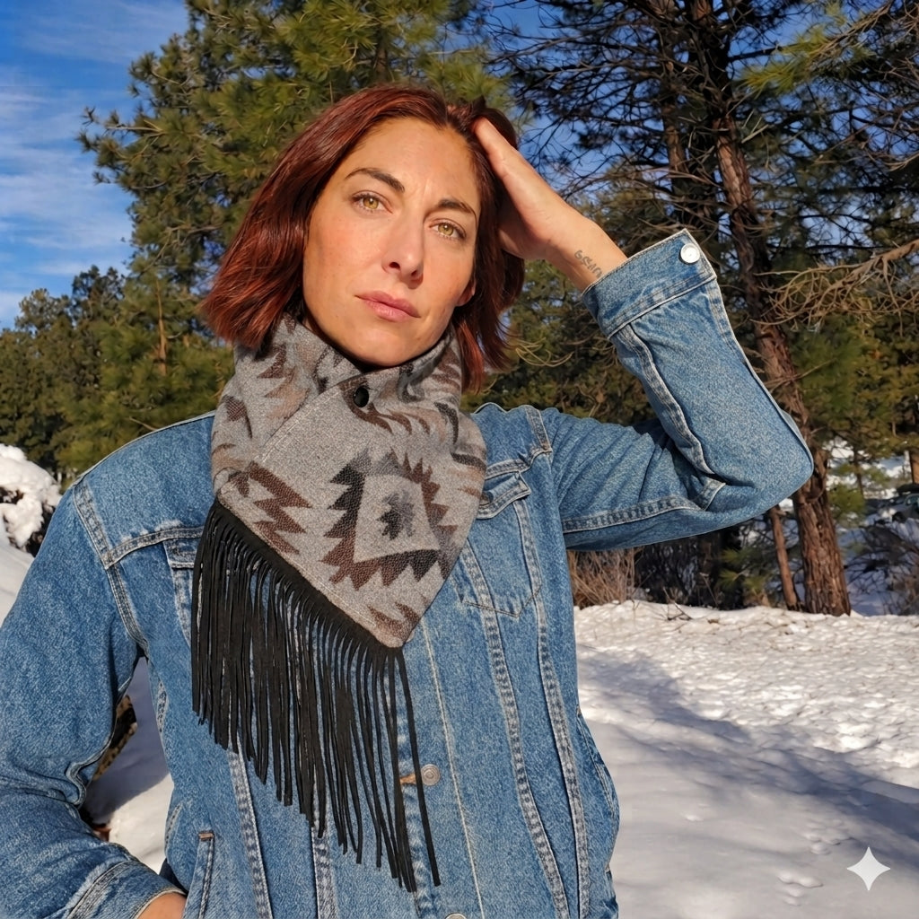 Women's Western Cowl - Grey Aztec Fringe