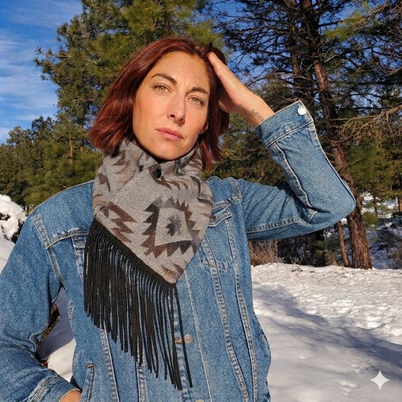Women's Western Cowl - Grey Aztec Fringe